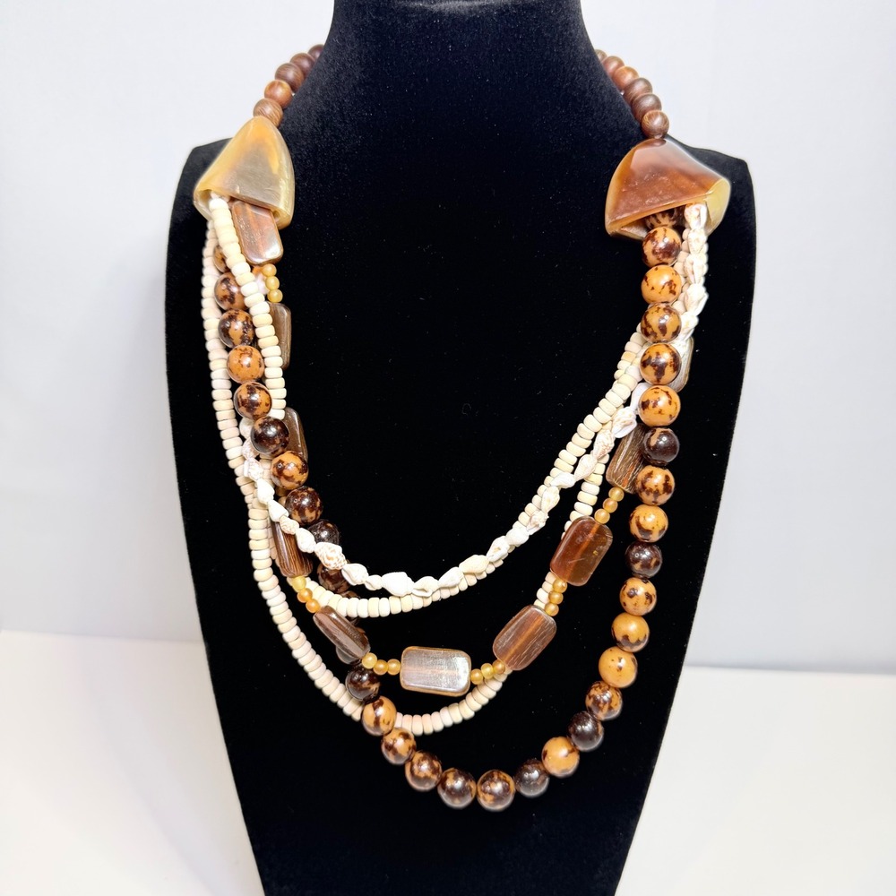 Vintage Multi Strand Wood Shell Bead Statement Necklace Earthy Brown Cream